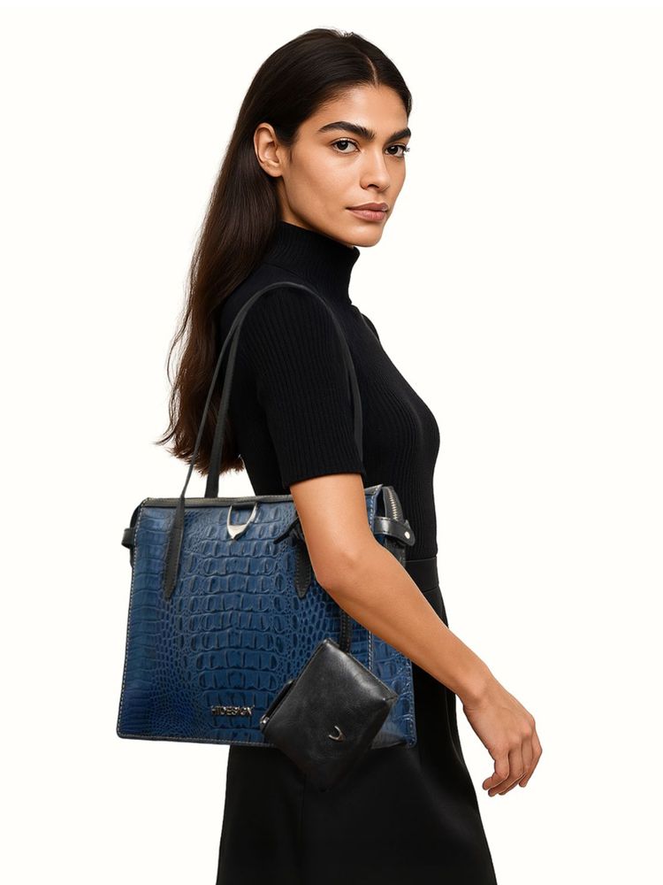 Hidesign Sabrina 01 Genuine Leather Women's Blue Shoulder Bag with Pouch and Detachable Strap-image-21
