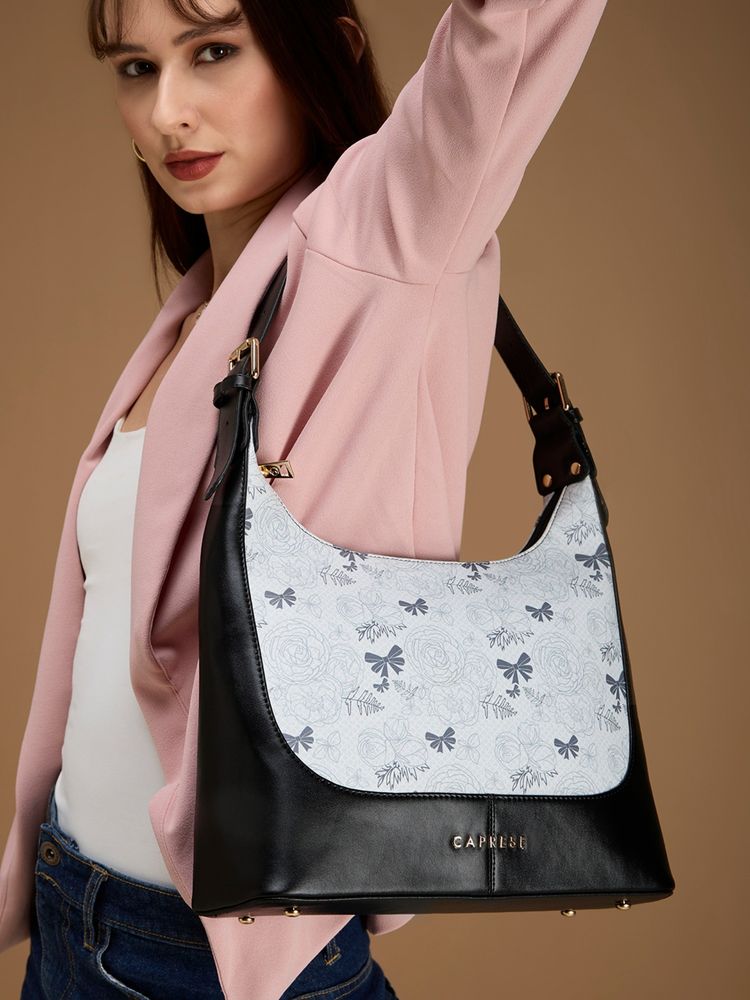 Caprese Women Scarlet Black Floral Printed Faux Leather Hobo Bag (Medium)-image-45
