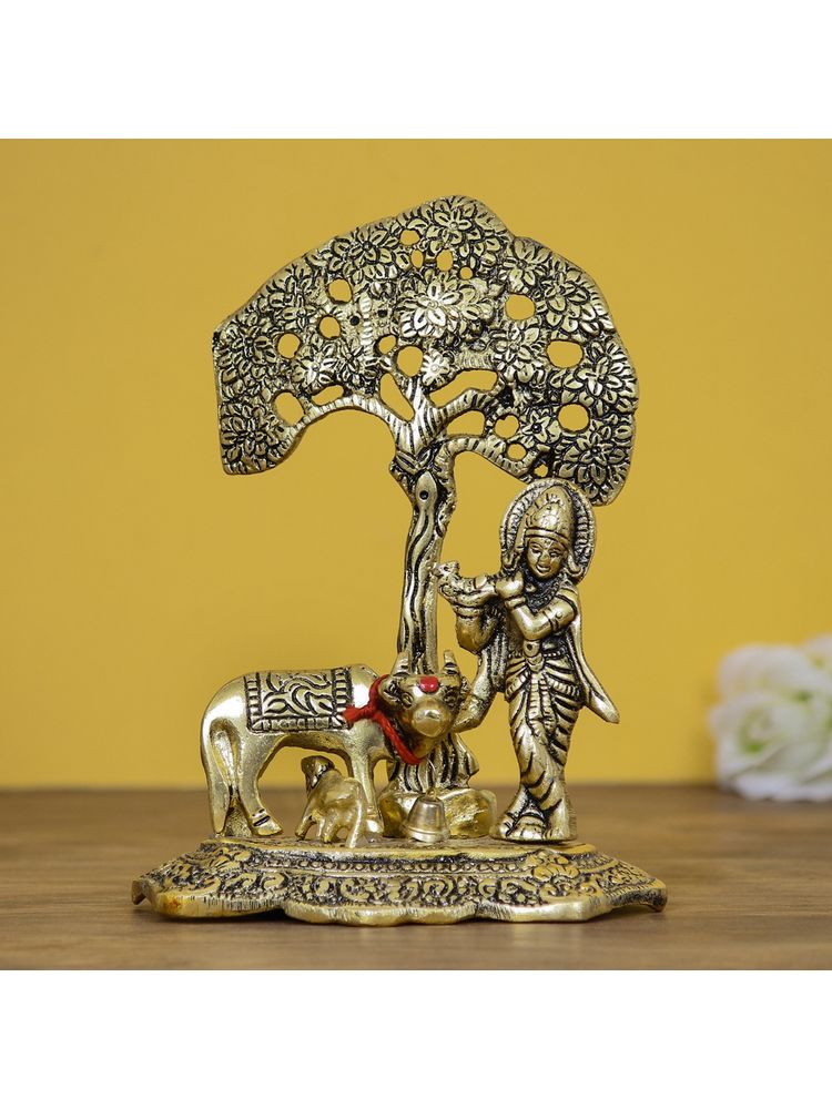 eCraftIndia Golden Lord Krishna Idol Playing Flute Under Tree Idol
