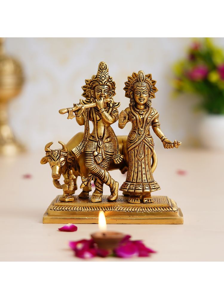 eCraftIndia Golden Radha Krishna with Cow Brass Statue-image-26