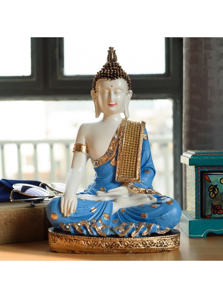 eCraftIndia Blue White Resin Meditating Lord Buddha Idol-image-7