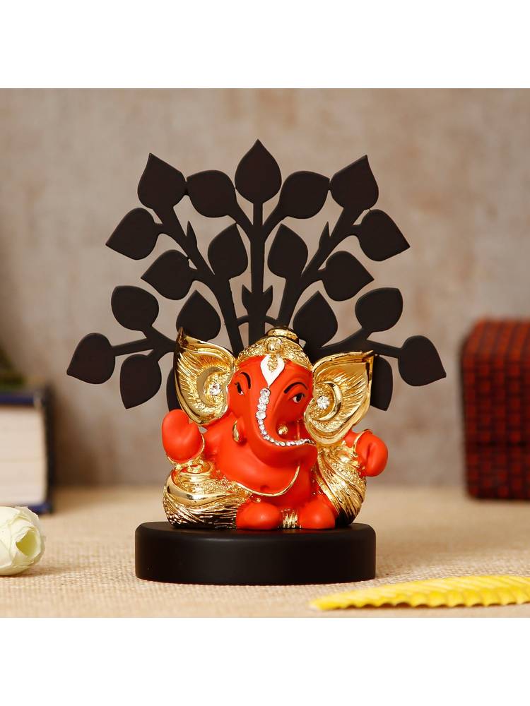 eCraftIndia Gold Plated Orange Kaan Ganesha Showpiece with Wooden Tree-picture-15