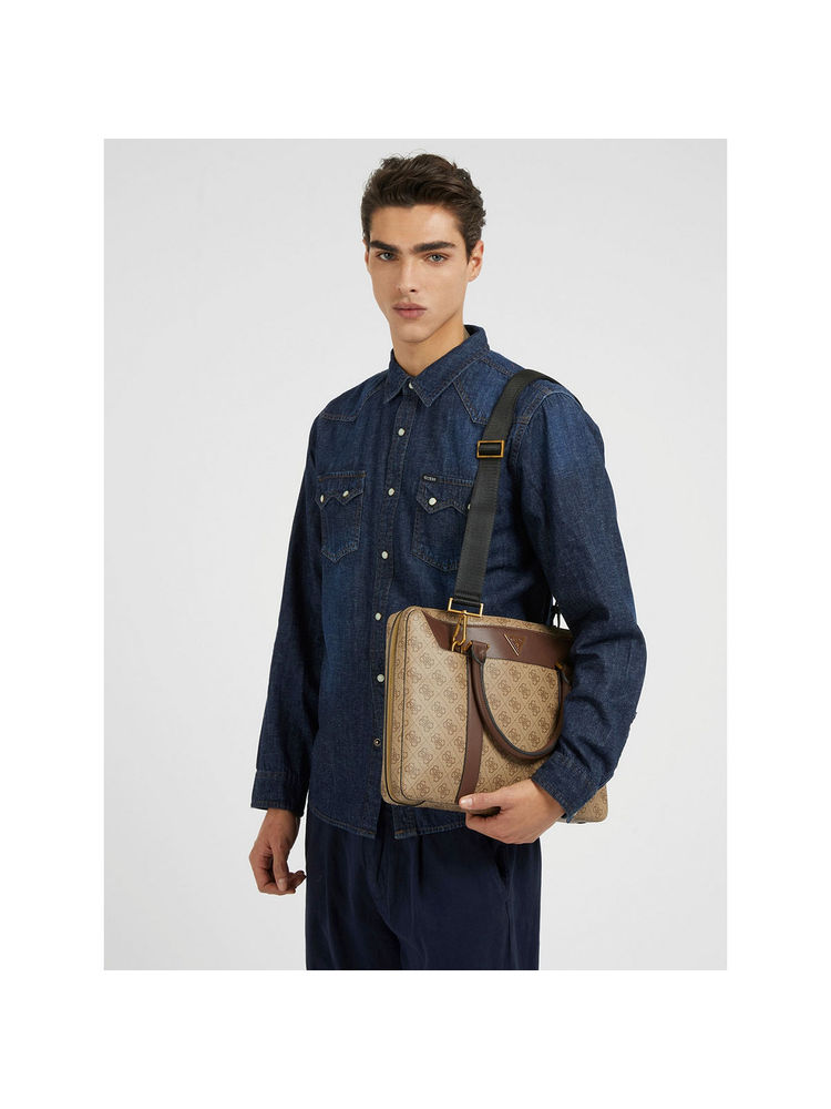 Guess Men Beige Printed PU Laptop Bag with Detachable Strap-image-5