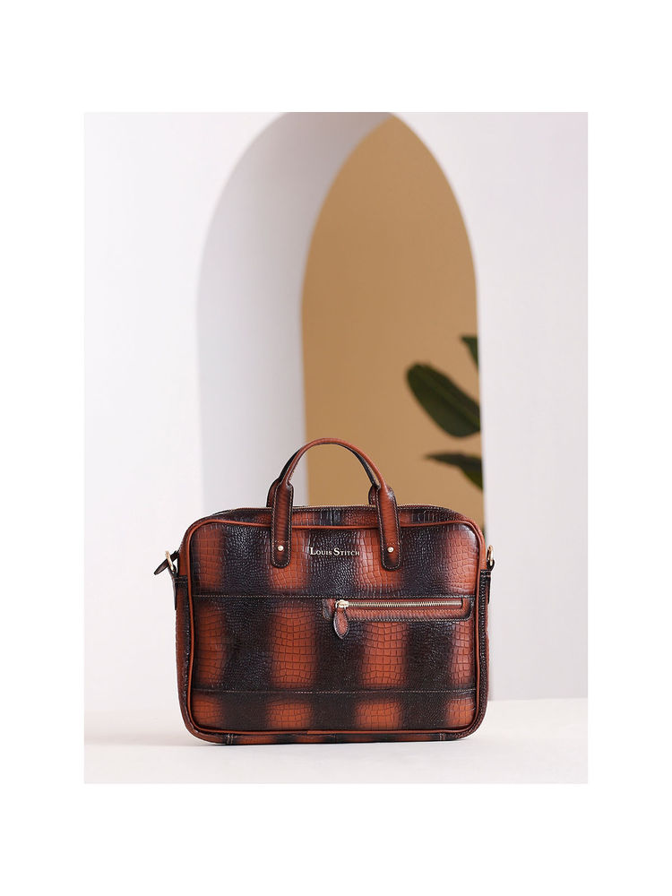 Louis Stitch Textured Italian Leather Tan Slim Dual Tone Laptop Bag with Detachable Strap-image-23