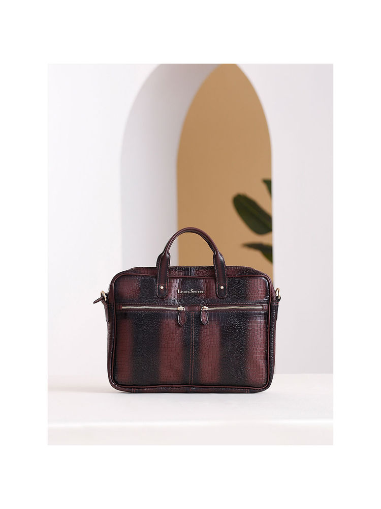 Louis Stitch Textured Italian Leather Brunette Brown Slim Dual Tone Laptop Bag with Detachable Strap-picture-22