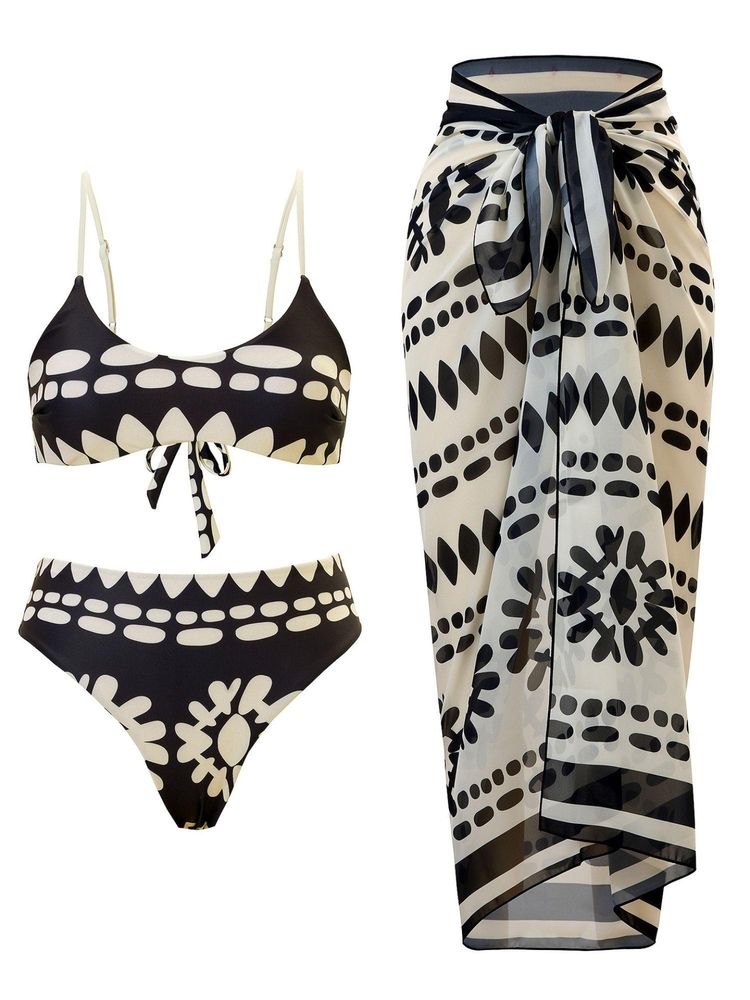Addery Black and White Tribal Print Bikini with Panty & Matching Sheer Sarong-picture-15