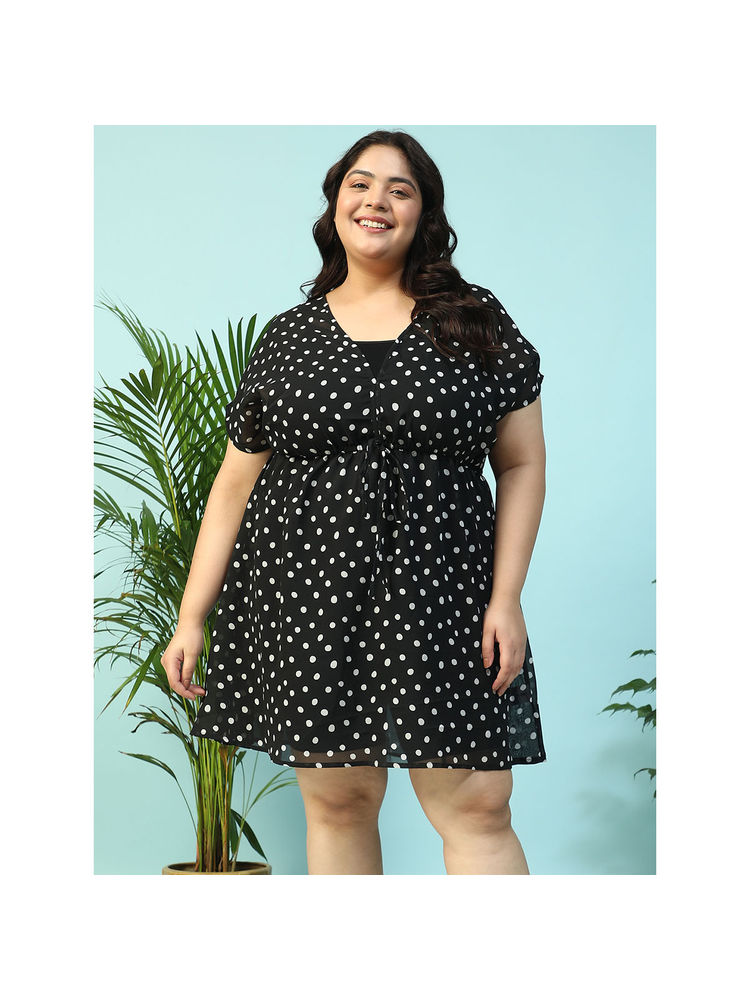 Oxolloxo Plus Size Black Polka Dot Print Elasticated Waist Beachwear Kaftan with Knee Length-picture-10