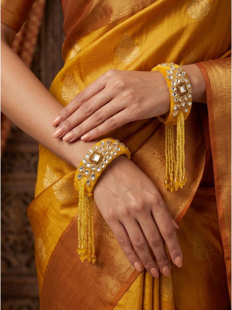 Adwitiya Womens Mustard Yellow Velvet and Kundan Tassel Kada Bangles (Pack of 2) (2.6)-image-39
