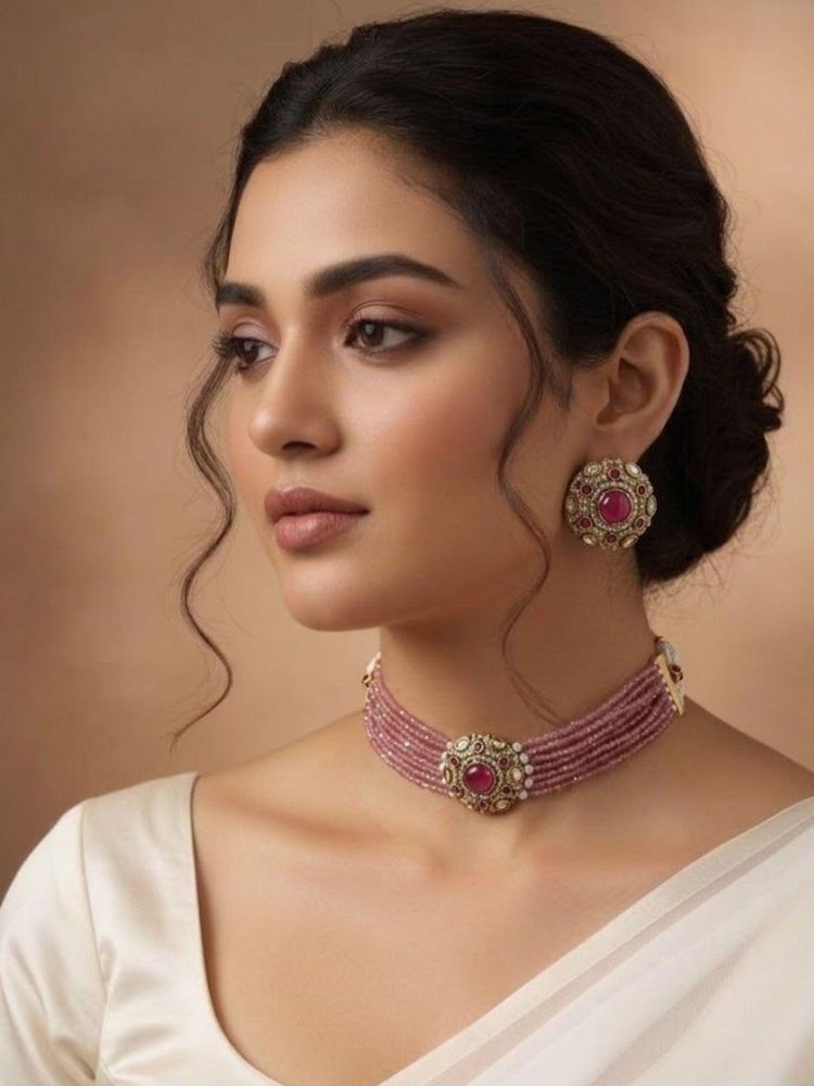Niscka Pink Faux Pearl Multilayered Kundan Choker with Earrings-image-13