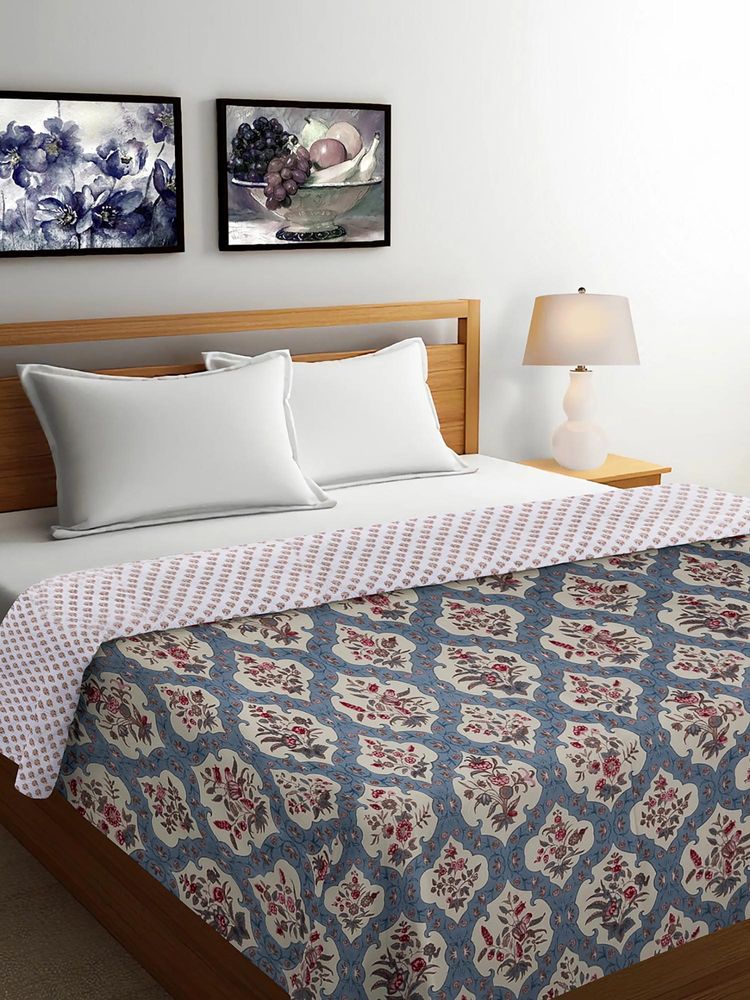 FABINALIV Blue Floral Reversible Mild Winter 350 Gsm Micro Fiber Filling Bed Comforter (Double)-image-17