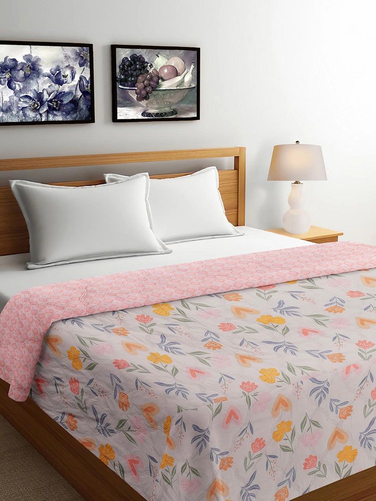 FABINALIV Cream Floral Reversible 350 Gsm Micro Fiber Filling Bed Comforter (Double)-image-2