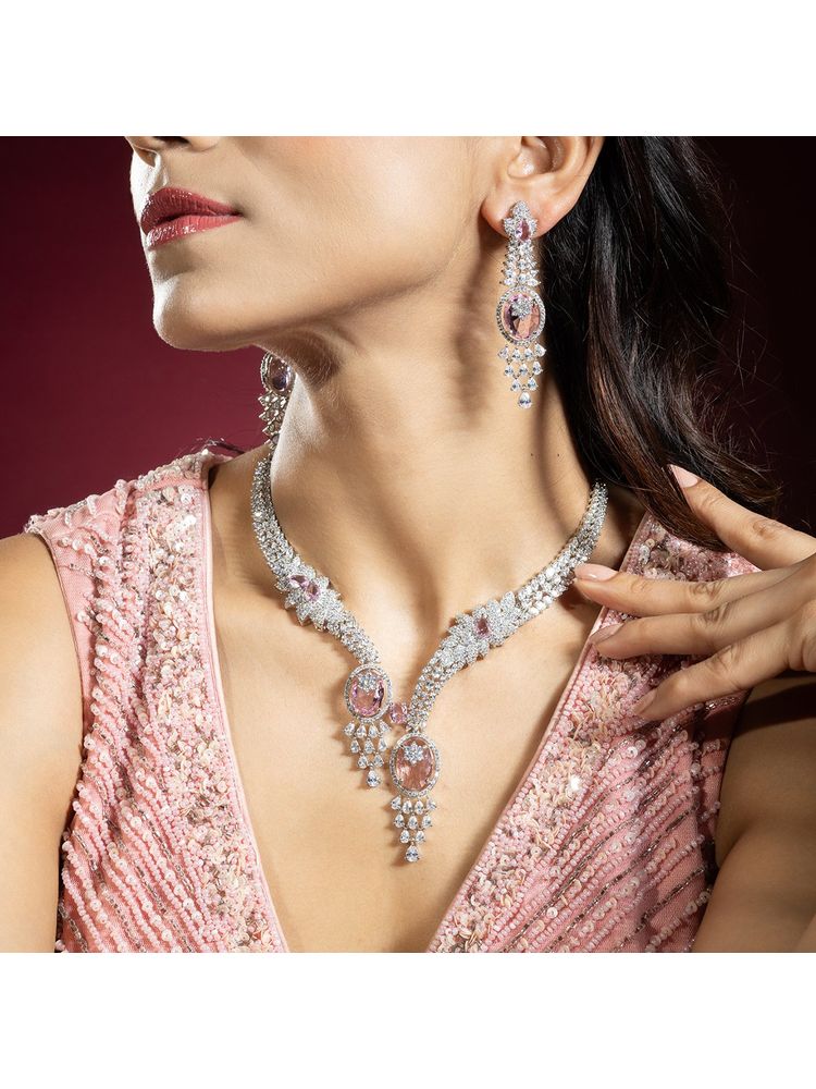 Niscka Rhodium Plated Pink & White American Diamond Necklace Set-picture-16