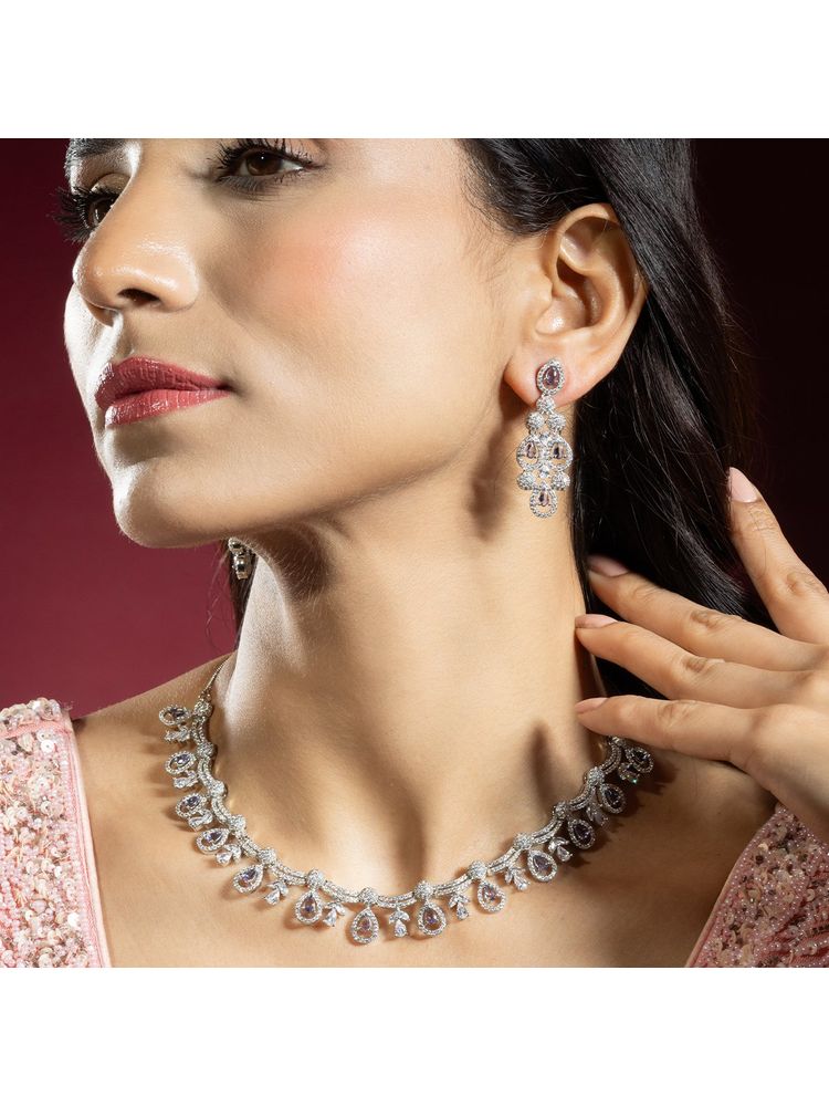 Niscka Silver Rhodium Plated Purple and White AD Necklace Set with Earrings-image-48