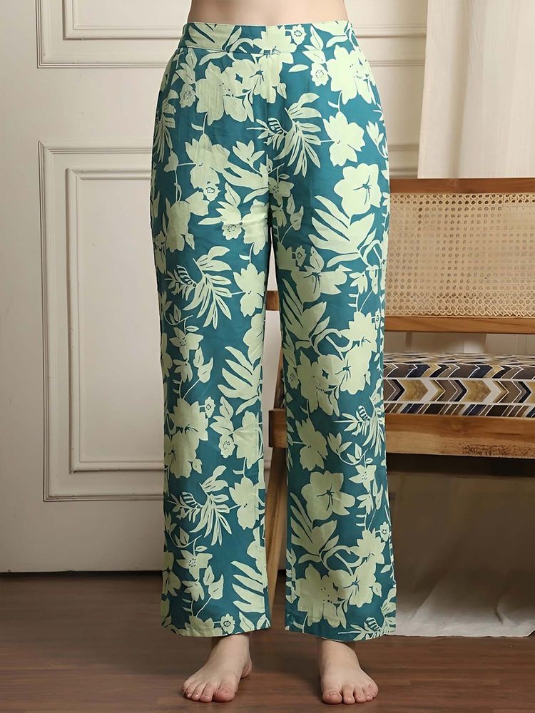 Indreams Teal Cotton Floral Printed Pyjama-image-29