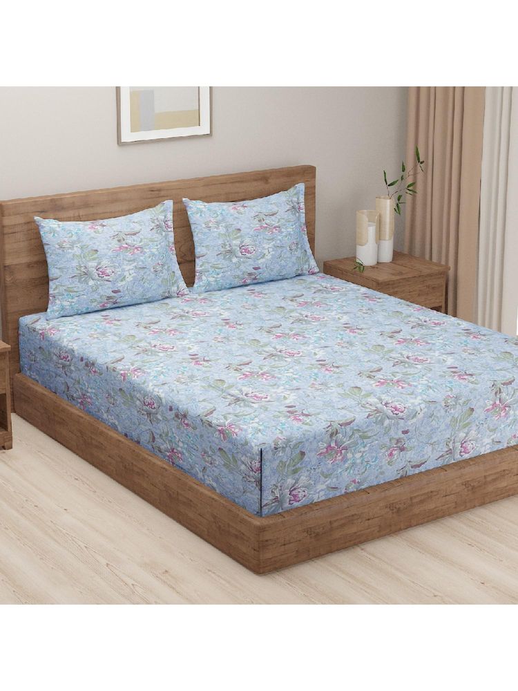 Swayam Floral 144 Tc Double Bedsheet With 2 Pillow Cover Blue-image-17