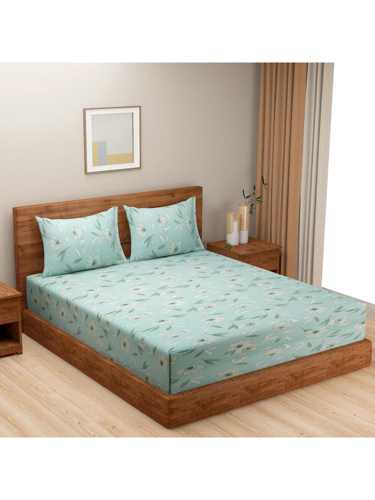 Swayam Floral 210 Tc Double Bedsheet With 2 Pillow Cover Green-picture-0