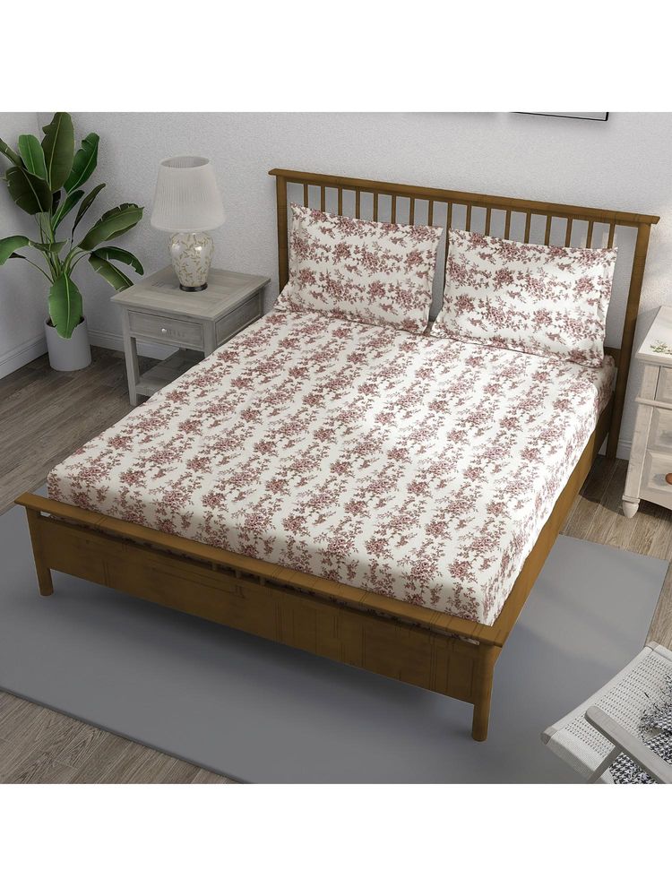 Swayam Floral 300 Tc King Fitted Bedsheet With 2 Pillow Cover White-image-6