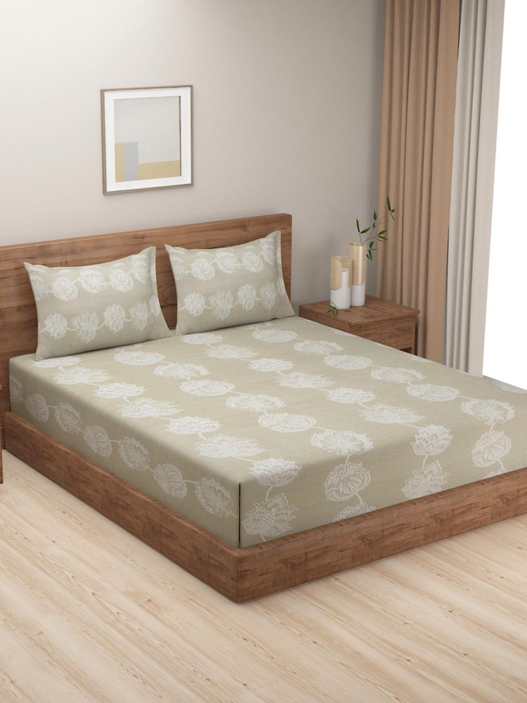 Swayam Floral 210 Tc King Fitted Bedsheet With 2 Pillow Cover Beige-picture-47