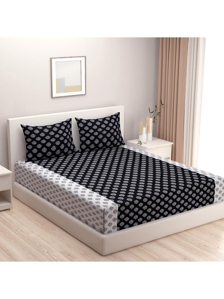 Swayam Floral 210 Tc King Fitted Bedsheet With 2 Pillow Cover Black-picture-3