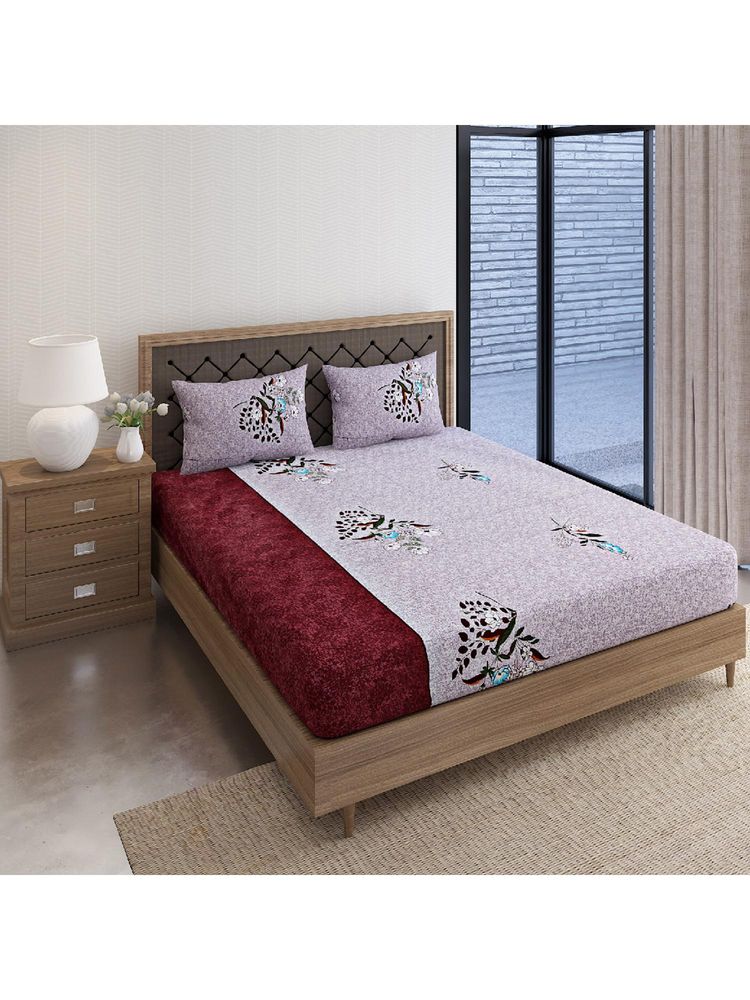 Swayam Floral 170 Tc King Fitted Bedsheet With 2 Pillow Cover Red-picture-7