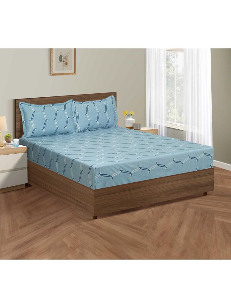 Swayam Abstract 300 Tc King Fitted Bedsheet With 2 Pillow Cover Blue-image-49