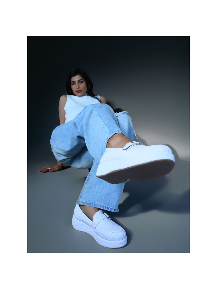 GLAM STORY Retro Textured Vegan Leather Slip-On White Loafers-image-36