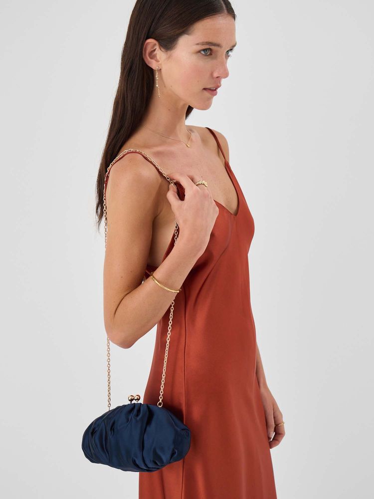 Accessorize London Women's Navy Blue Ruched Satin Clip Frame Clutch With Detachable Strap-picture-25