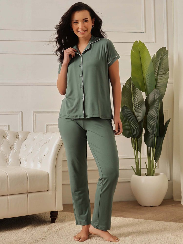 Clovia Super-Soft Brushed-Poly Spandex Button-Down Shirt And Pyjama Green-picture-20