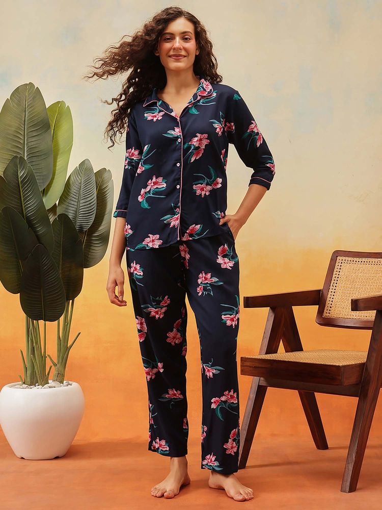 Clovia Rayon Pretty Florals Button-Down Shirt And Pyjama Navy Blue-picture-15