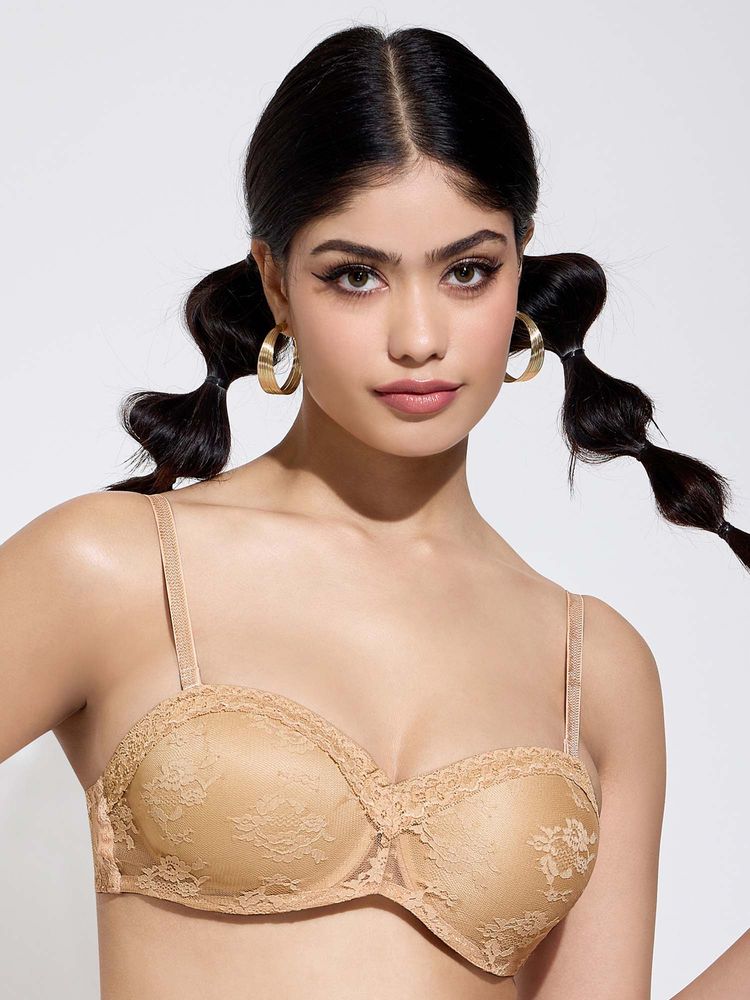 MAROON Seamless Padded Partywear Strapless Half Coverage Underwire Balconette Bra Beige-image-1
