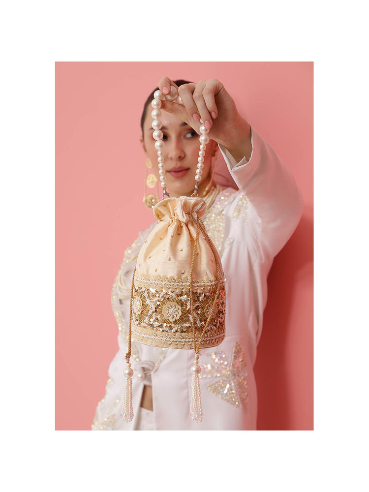 THE TAN CLAN Ama Beige Potli Bag with Pearl Handle
