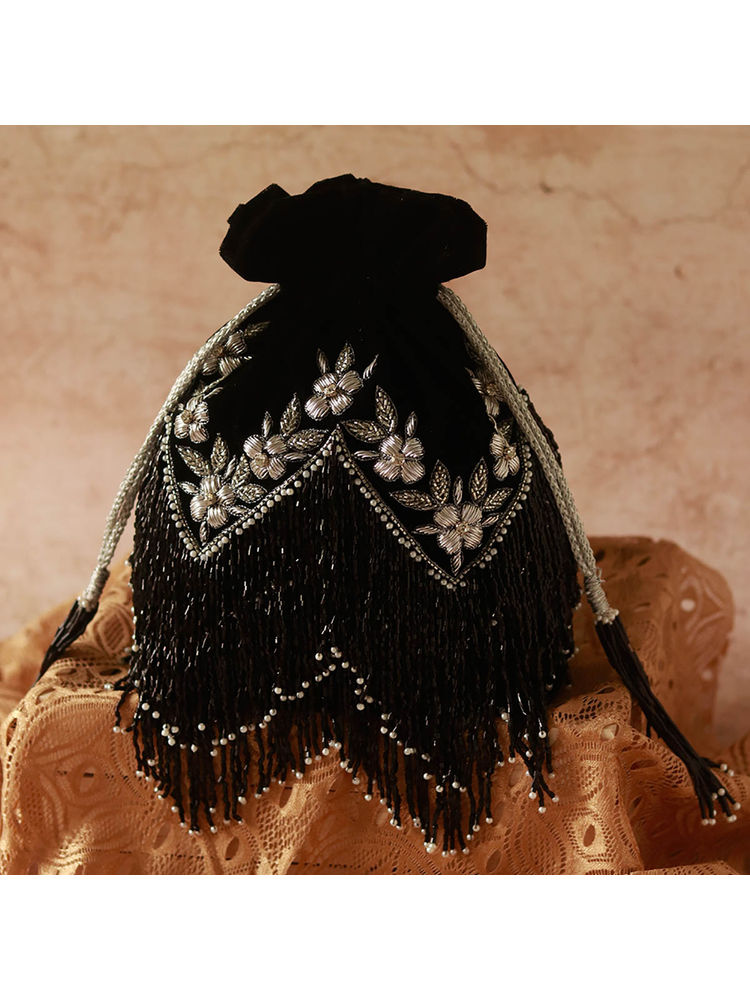 THE TAN CLAN Keisha Black Tassel Potli with Handle
