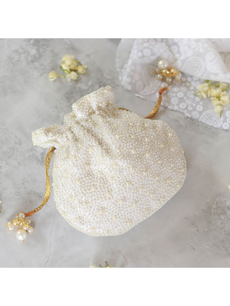 THE TAN CLAN Nayaab White Pearl Potli Bag with Handle-image-40