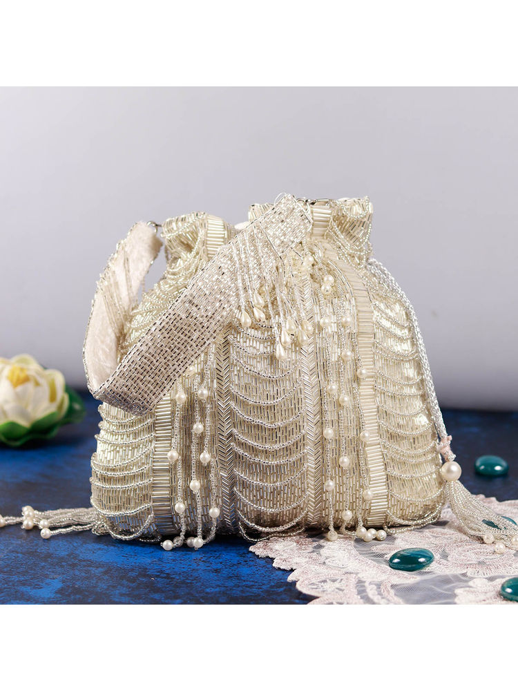 THE TAN CLAN Sharda White Potli Bag with Handle