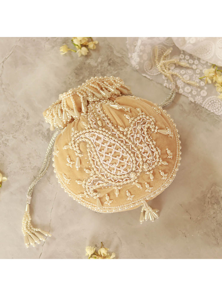THE TAN CLAN Sukoon Beige Hand Embellished Potli with Pearl Handle-picture-3