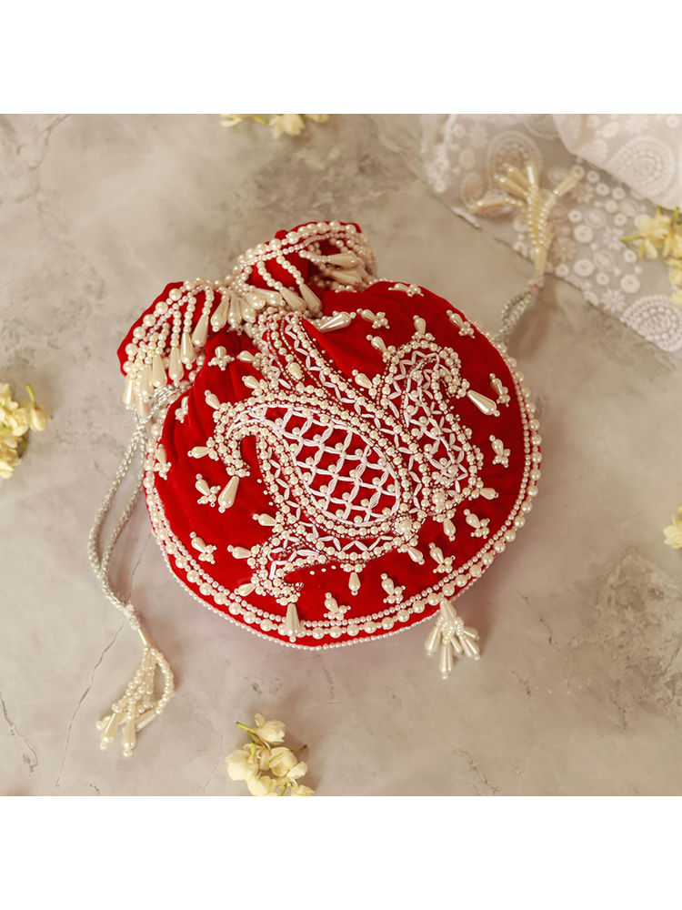 THE TAN CLAN Sukoon Red Hand Embellished Potli with Pearl Handle-image-38