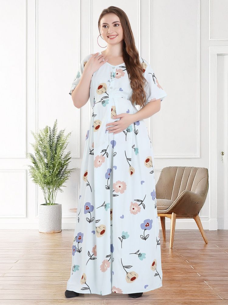 Quira Women Viscose Printed Blue Maternity Nighty-image-12