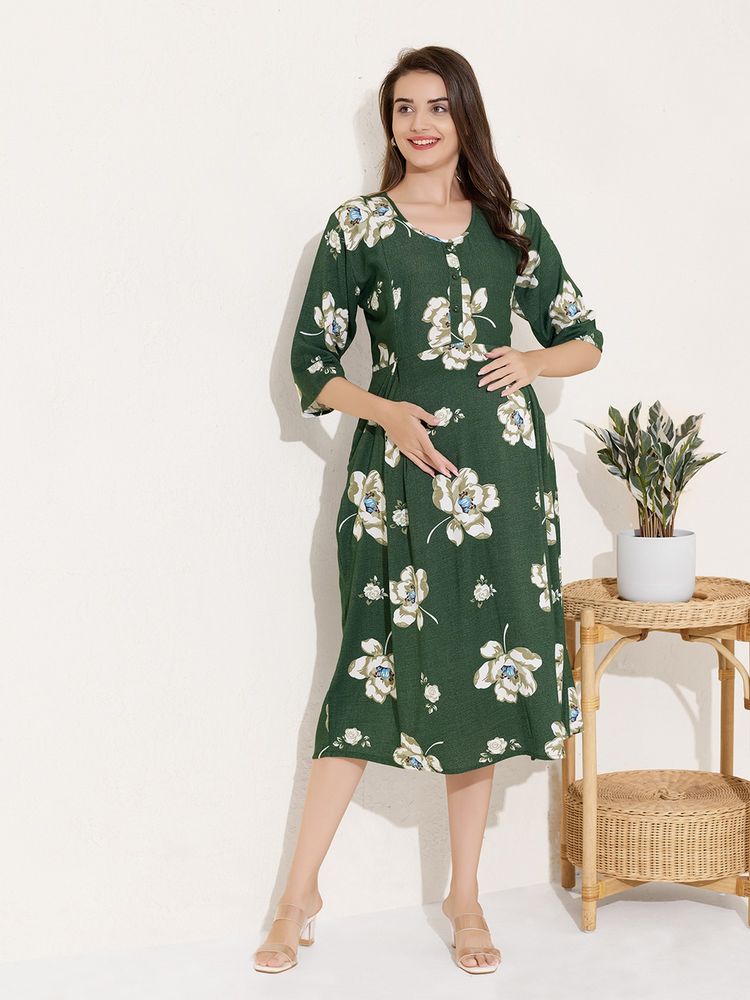 Quira Women’s Pure Cotton Printed Green Maternity Dress-picture-15