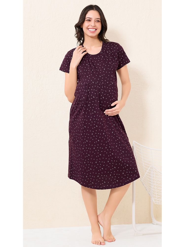Quira Women Hosiery Printed Wine Maternity Nighty-picture-13