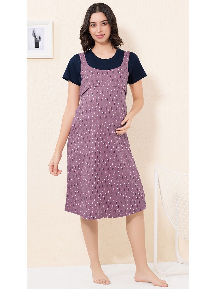 Quira Women Hosiery Printed Mauve Maternity Nighty-picture-28