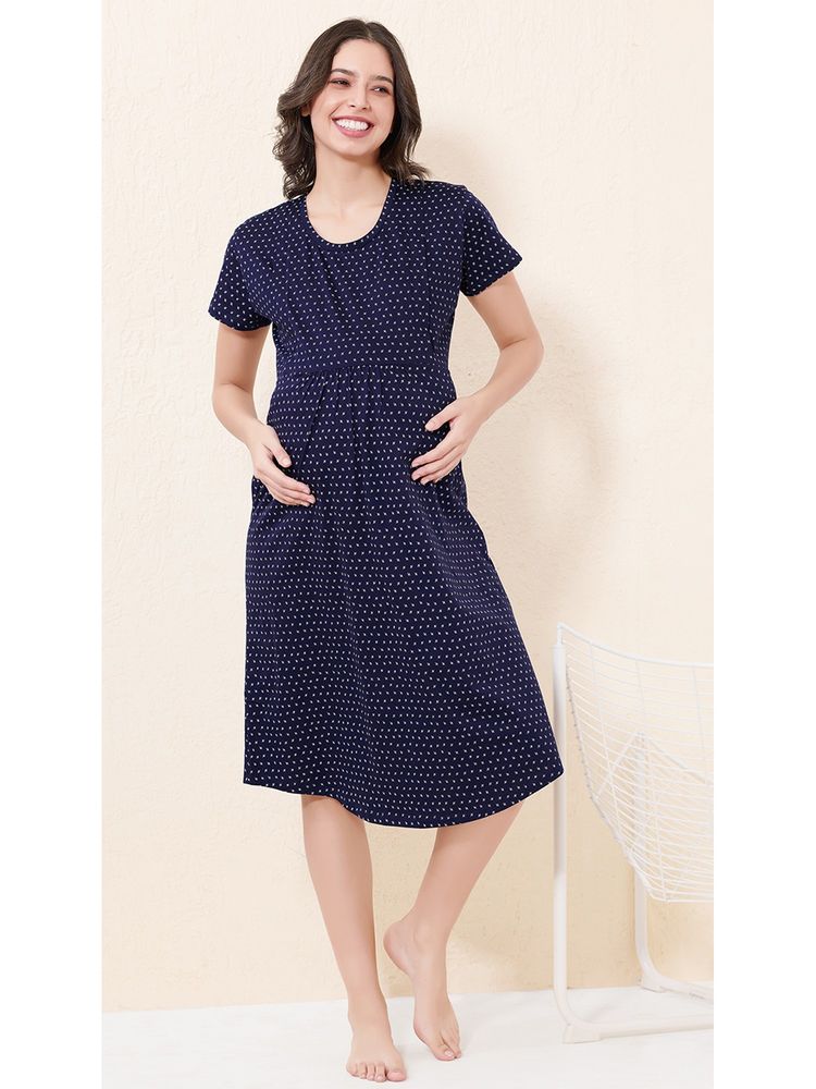 Quira Women Hosiery Printed Navy Blue Maternity Nighty-picture-26