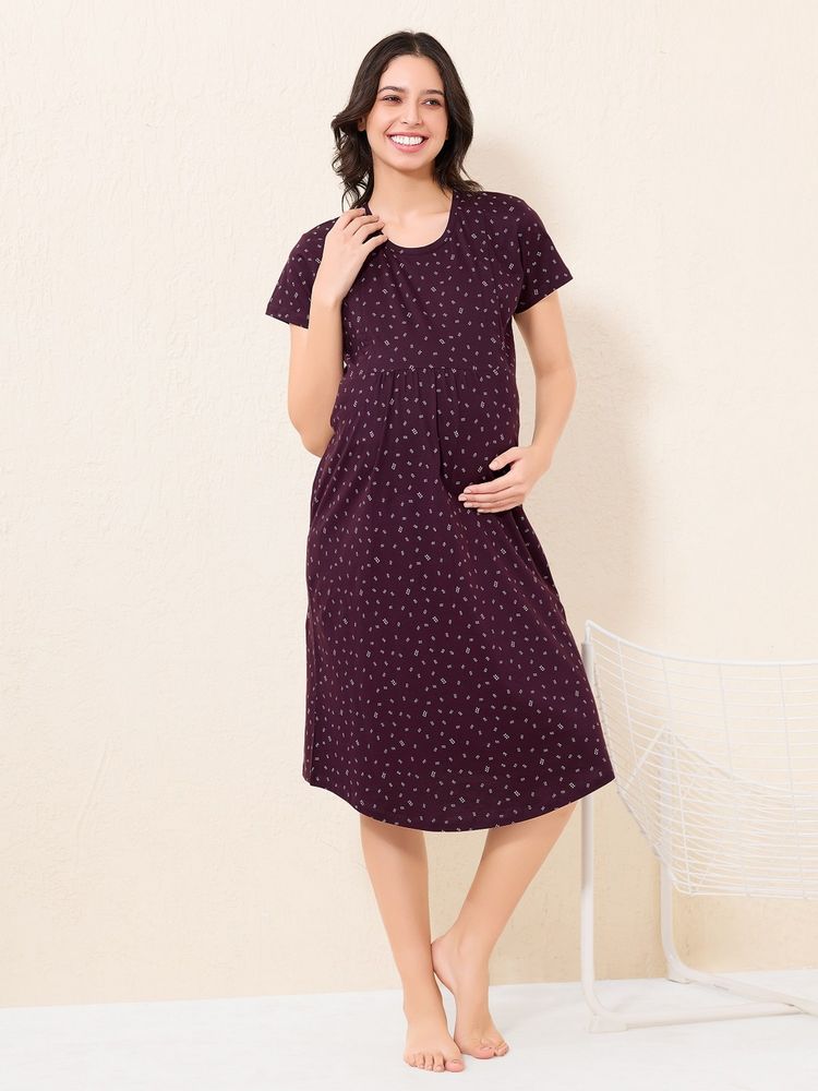 Quira Women Hosiery Printed Purple Maternity Nighty-picture-16