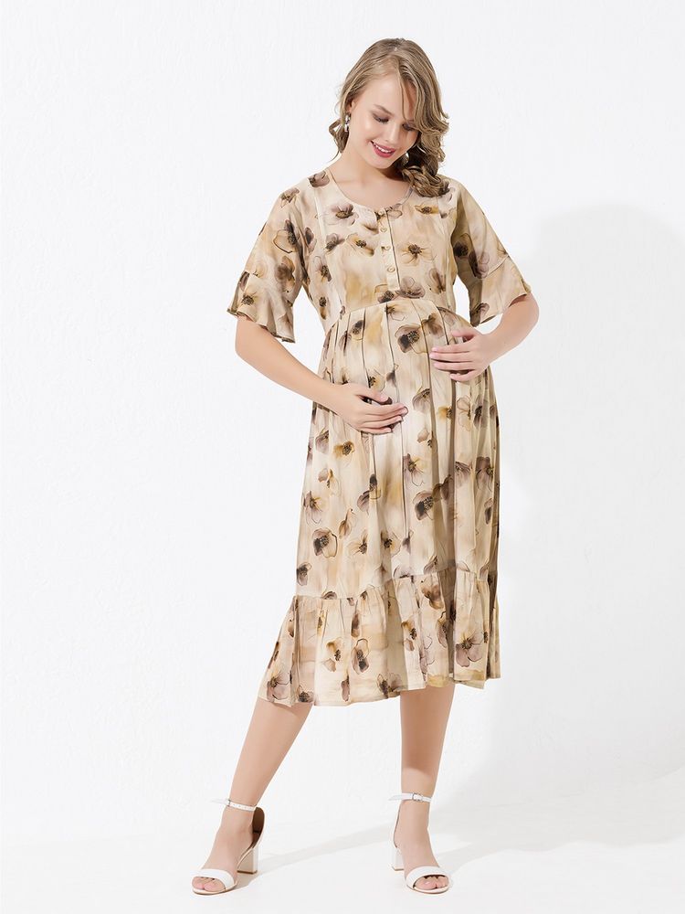 Quira Knee-Length Long Gold Maternity Dress-picture-17
