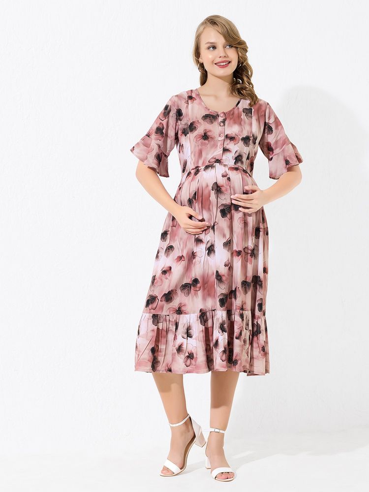 Quira Knee-Length Long Pink Maternity Dress-image-6