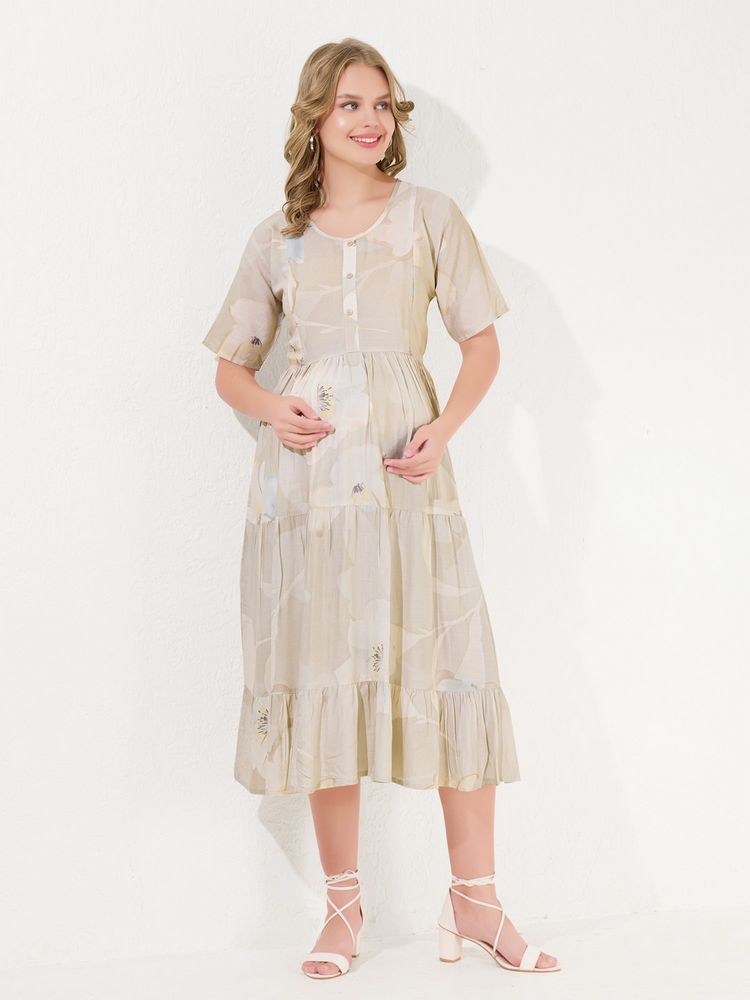 Quira Knee-Length Long Brown Maternity Dress-picture-18