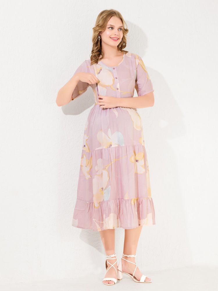 Quira Knee-Length Long Pink Maternity Dress-picture-22