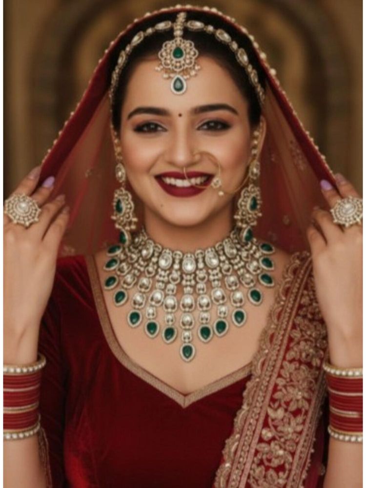 NUI Womens Gold Plated Green Stone Studded Bridal Jewellery Set-picture-11