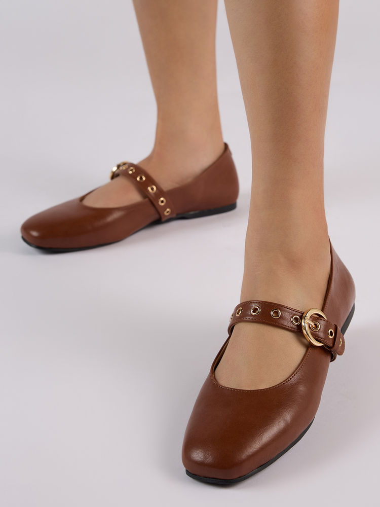 Twenty Dresses by Nykaa Fashion Women Tan Eyelet Detail Round Toe Mary Jane Ballerina Flats-picture-21