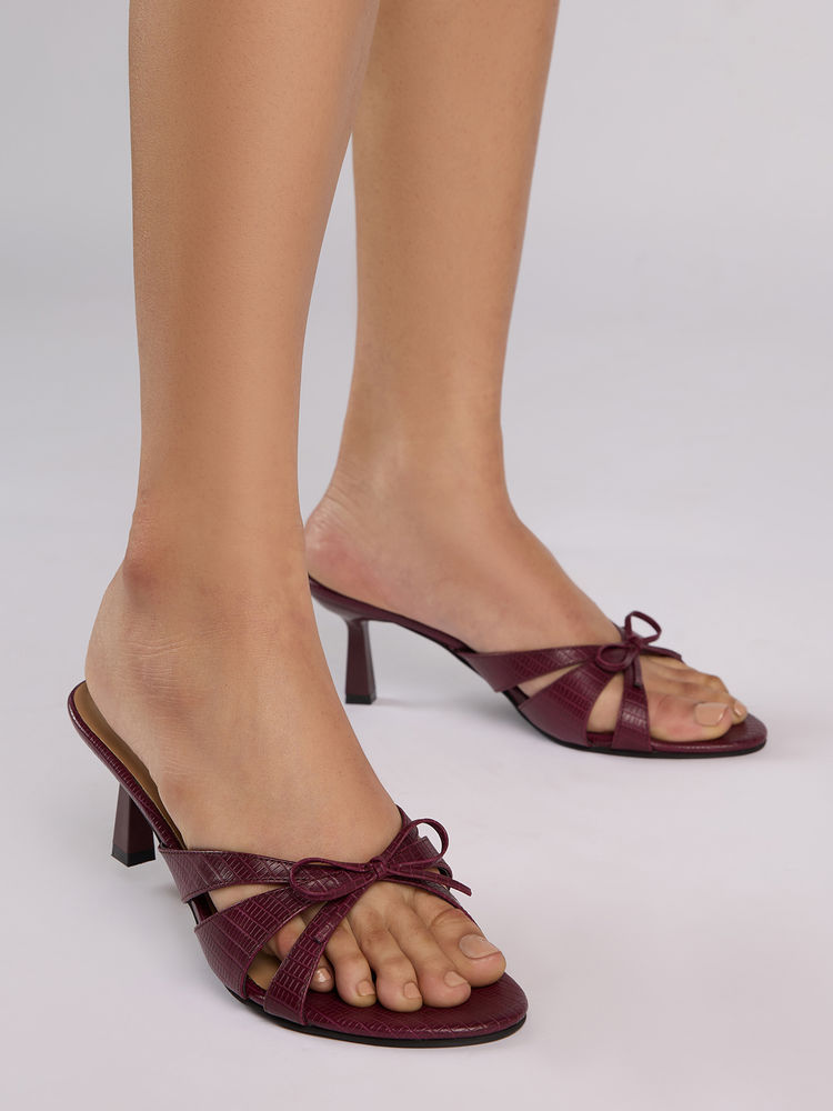 Twenty Dresses by Nykaa Fashion Burgundy Round Toe Bow Detail Stiletto Heels For Women-image-35