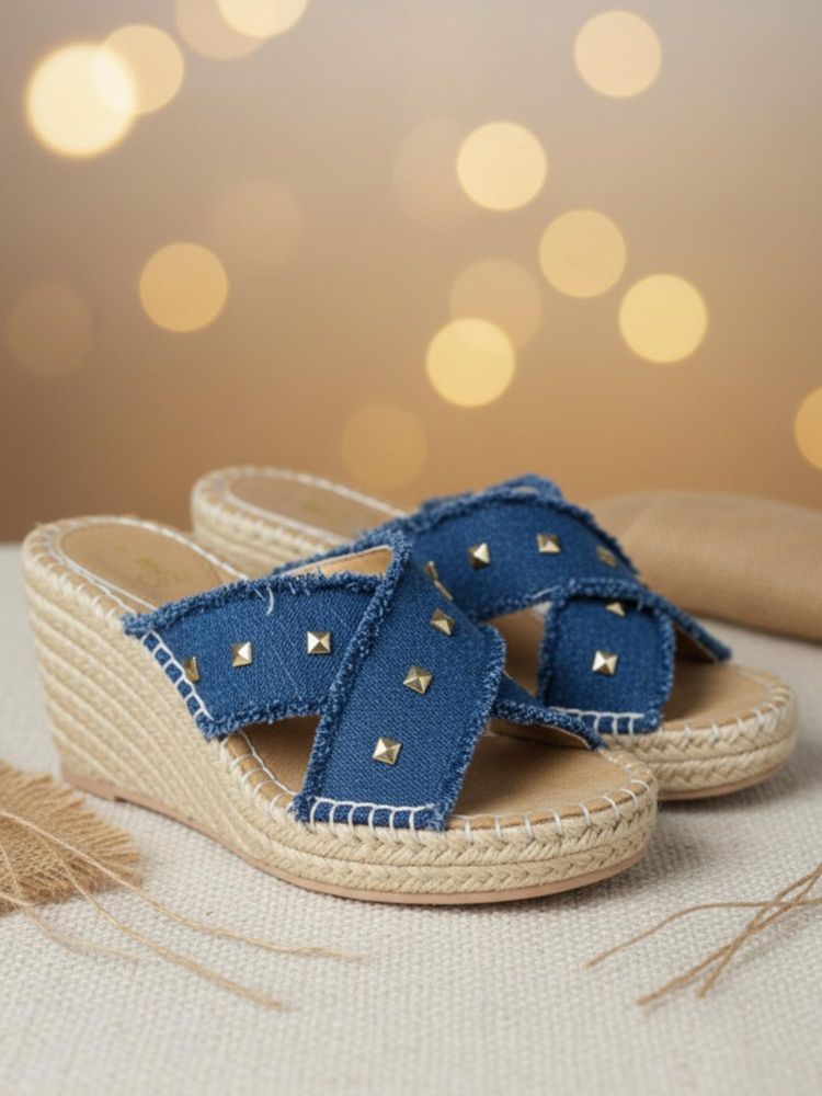 EZOK Blue Denim Slip On Wedges Heels-picture-16